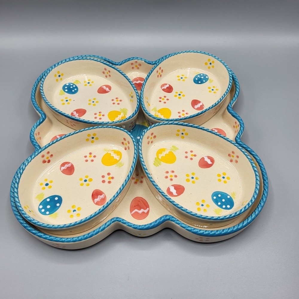 Temptations Old World Blue Easter Egg Platter with 4 Egg Bowls
